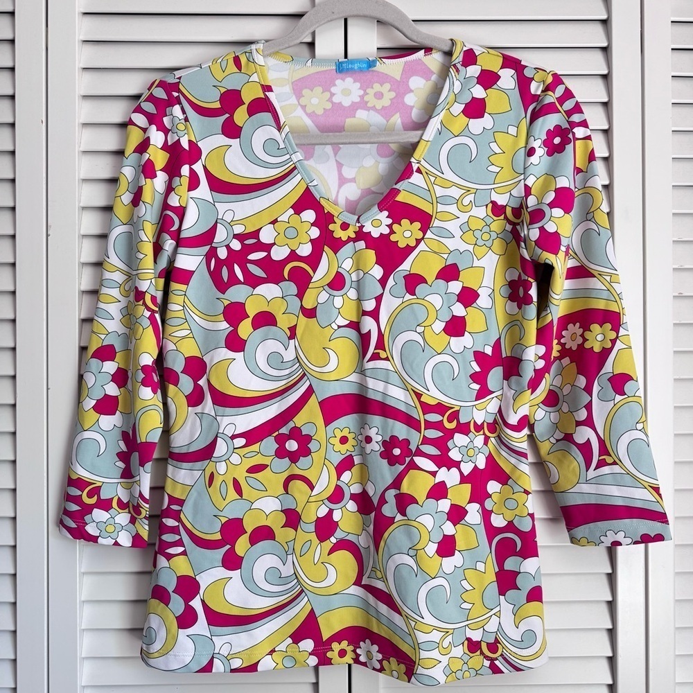 J. McLaughlin Catalina Cloth V-neck Top Retro Floral Swirl Pink Green Mint XS